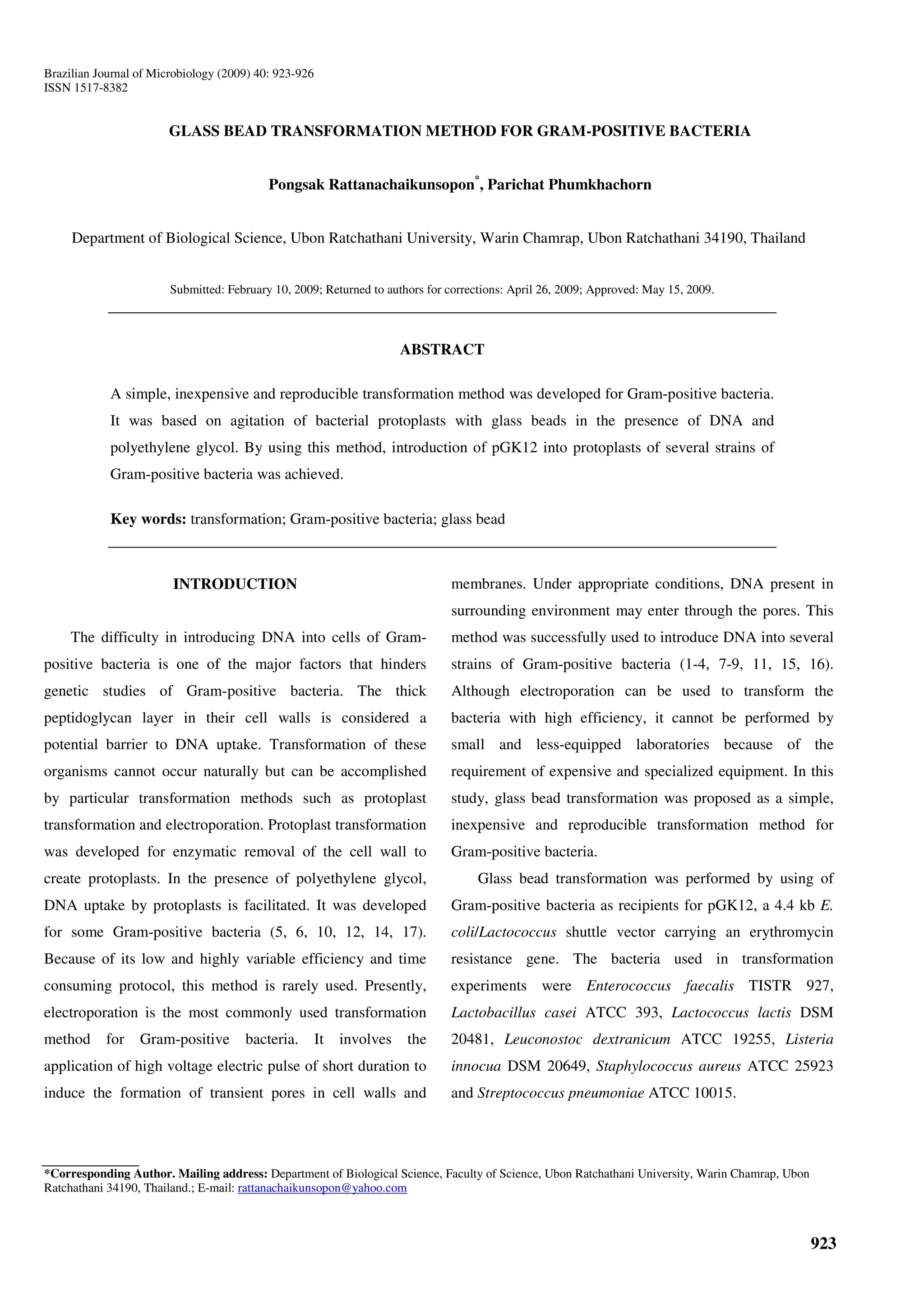 Glass bead transformation method for gram positive bacteria PDF