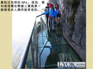 最貼近自然的 SPA 。因為，要
知道這種在懸崖上賞風景一
般都是非人類所能享受的。
 