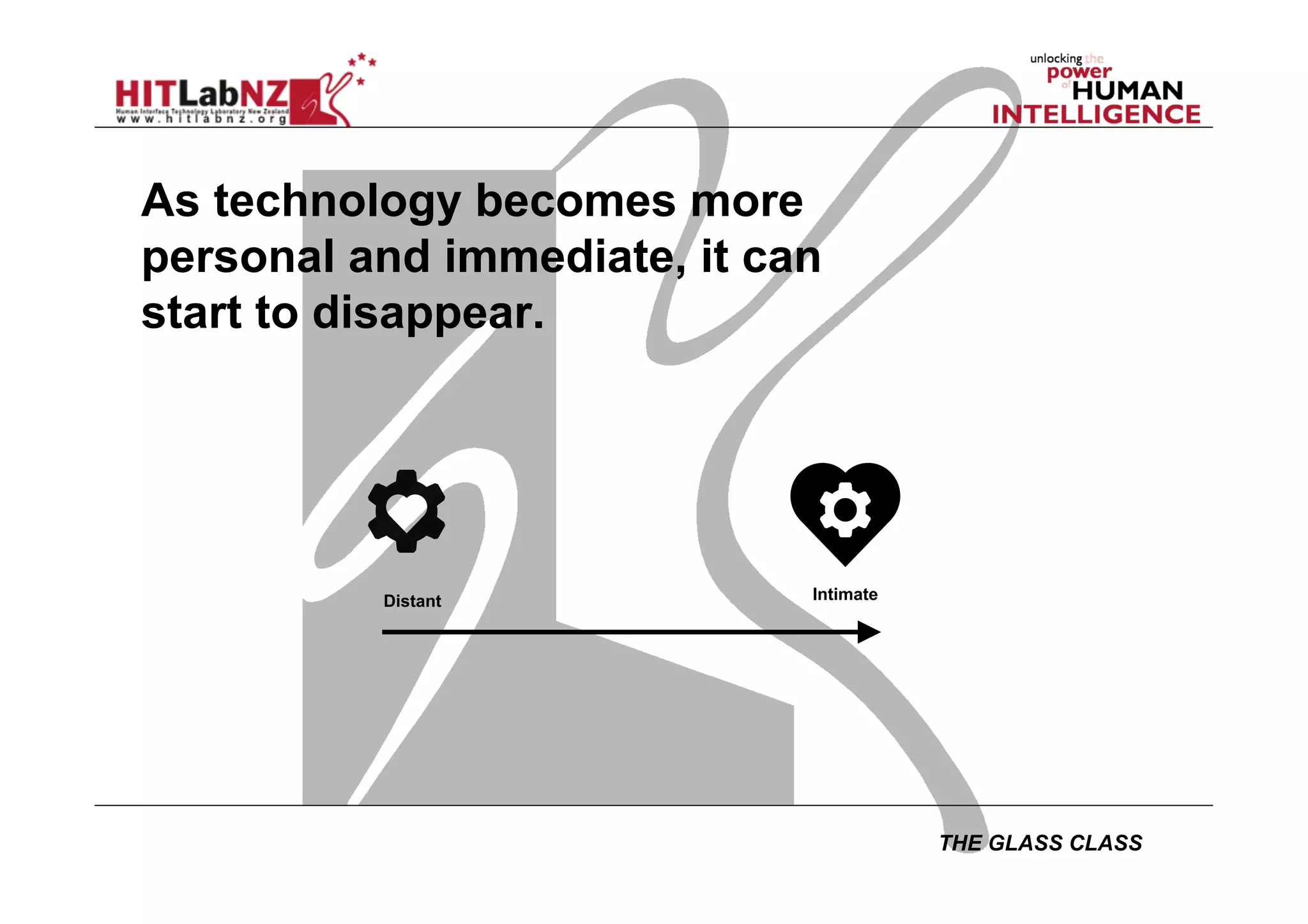 THE GLASS CLASS
As technology becomes more
personal and immediate, it can
start to disappear.
Distant Intimate
 