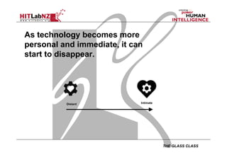 THE GLASS CLASS
As technology becomes more
personal and immediate, it can
start to disappear.
Distant Intimate
 
