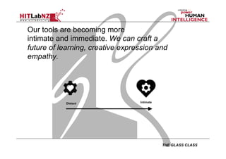 THE GLASS CLASS
Our tools are becoming more
intimate and immediate. We can craft a
future of learning, creative expression and
empathy.
Distant Intimate
 
