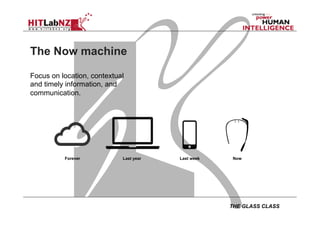 THE GLASS CLASS
Last year Last week NowForever
The Now machine
Focus on location, contextual
and timely information, and
communication.
 