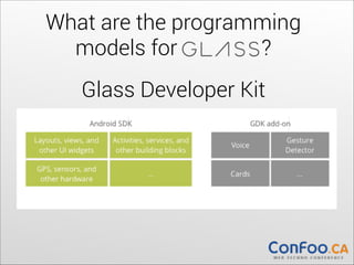 What are the programming
models for
?
Glass Developer Kit
	
  	
  

 