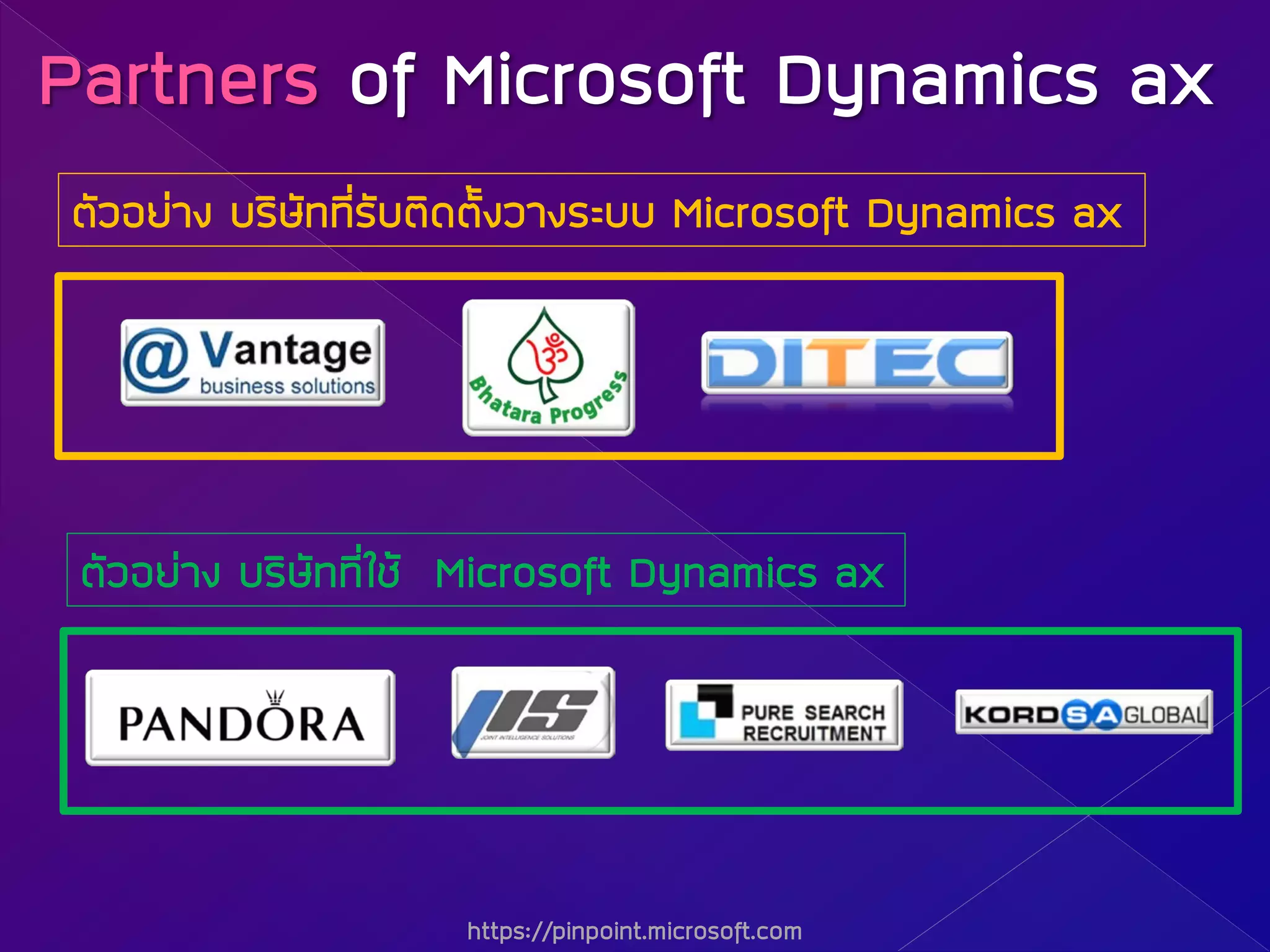 Partners of Microsoft Dynamics ax
µÑÇÍÂ‹Ò§ ºÃÔÉÑ··ÕèãªŒ Microsoft Dynamics ax
µÑÇÍÂ‹Ò§ ºÃÔÉÑ··ÕèÃÑºµÔ´µÑé§ÇÒ§ÃÐºº Microsoft Dynamics ax
https://pinpoint.microsoft.com
 