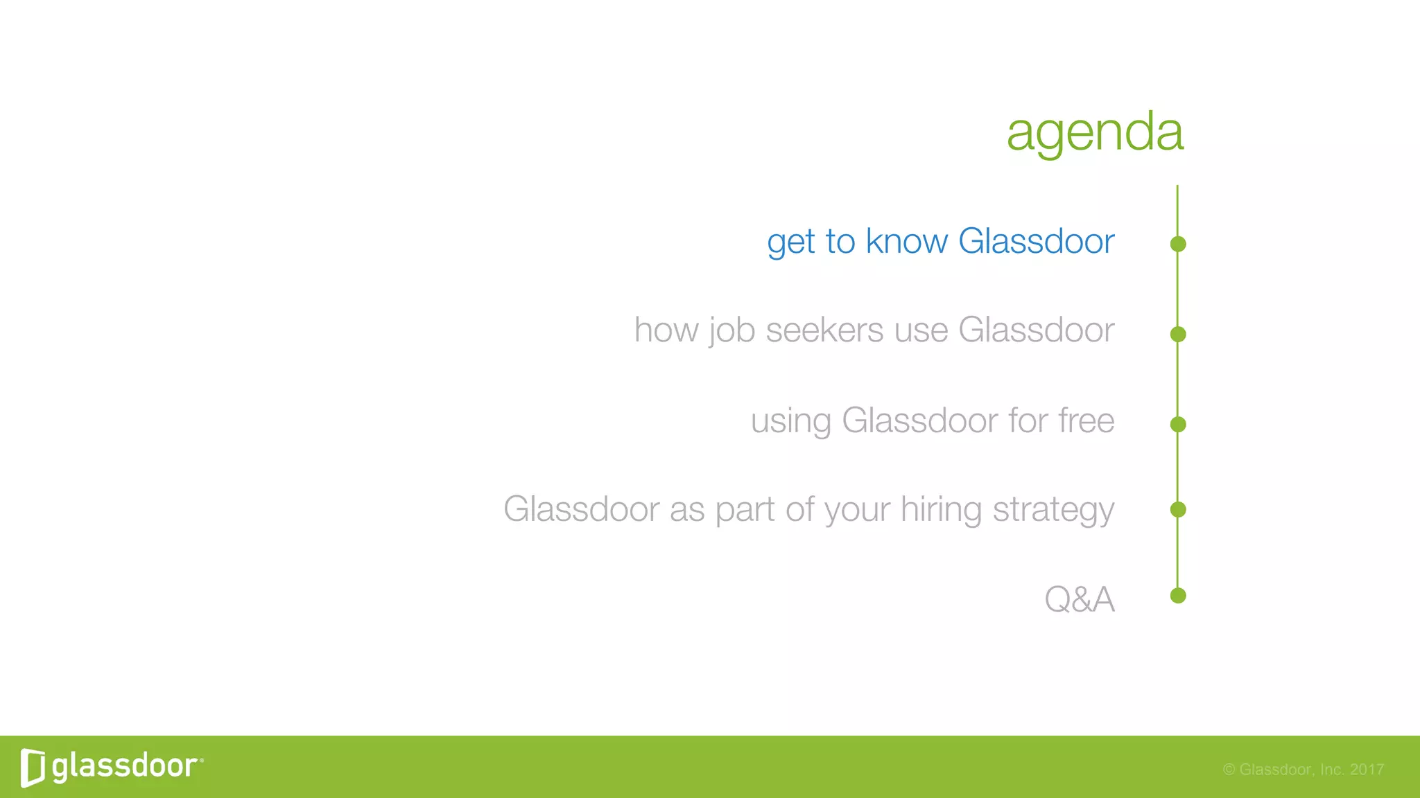 © Glassdoor, Inc. 2017
agenda
get to know Glassdoor
how job seekers use Glassdoor
using Glassdoor for free
Glassdoor as part of your hiring strategy
Q&A
 