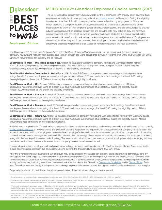 Glassdoor Best Places To Work Awards Methodology Methodology Glassdoor Employees Choice Awards 2017 The