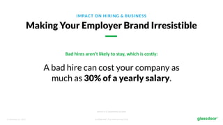 © Glassdoor, Inc. 2017. Confidential - For Internal Use Only
IMPACT ON HIRING & BUSINESS
Making Your Employer Brand Irresistible
A bad hire can cost your company as
much as 30% of a yearly salary.
Source: U.S. Department of Labor
Bad	hires	aren’t	likely	to	stay,	which	is	costly:
 