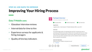 © Glassdoor, Inc. 2017. Confidential - For Internal Use Only
STEP #3: USE DATA TO IMPROVE
Improving Your Hiring Process
Data T-Mobile uses:
• Glassdoor interview reviews
• Internal data for time to hire
• Experience surveys for applicants &
hiring managers
• Quality of hire key indicators
 