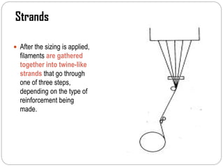 Strands
 After the sizing is applied,
filaments are gathered
together into twine-like
strands that go through
one of three steps,
depending on the type of
reinforcement being
made.
 