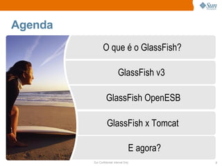 Agenda
                 O que é o GlassFish?

                              GlassFish v3

                   GlassFish OpenESB

                    GlassFish x Tomcat

                                       E agora?
         Sun Confidential: Internal Only          2
 