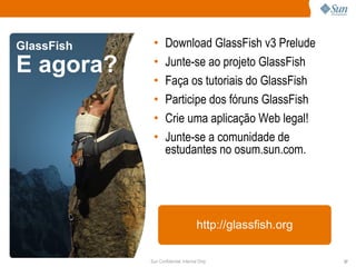 GlassFish    •      Download GlassFish v3 Prelude
E agora?     •      Junte-se ao projeto GlassFish
             •      Faça os tutoriais do GlassFish
             •      Participe dos fóruns GlassFish
             •      Crie uma aplicação Web legal!
             •      Junte-se a comunidade de
                    estudantes no osum.sun.com.




                                     http://glassfish.org

            Sun Confidential: Internal Only                 37
 