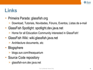 Links
• Primeira Parada: glassfish.org
  > Download, Tutoriais, Novidades, Fóruns, Eventos, Listas de e-mail
• GlassFish Spotlight: spotlight.dev.java.net
  > Home for all Education Community interested in GlassFish!
• GlassFish Wiki: wiki.glassfish.java.net
  > Architecture documents, etc
• Blogsphere
  > blogs.sun.com/theaquarium
• Source Code repository
  > glassfish-svn.dev.java.net
                            Sun Confidential: Internal Only             38
 