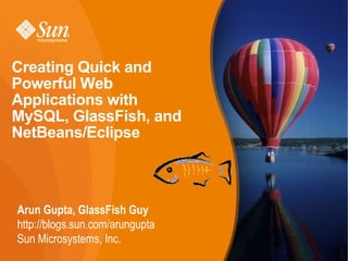 Creating Quick and
Powerful Web
Applications with
MySQL, GlassFish, and
NetBeans/Eclipse



Arun Gupta, GlassFish Guy
http://blogs.sun.com/arungupta
Sun Microsystems, Inc.
                                 1
 