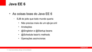 Java EE 6

     ●
              As coisas boas do Java EE 6
                 –        EJB do jeito que todo mundo queria
                              ●
                                     Não precisa mais de um ejb-jar.xml
                              ●
                                     Anotações
                              ●
                                     @Singleton e @Startup beans
                              ●
                                     @Schedule bean's methods
                              ●
                                     Operações assíncronas



11   Oracle Technical Workshop | WebLogic 12c & Fusion Middleware
 