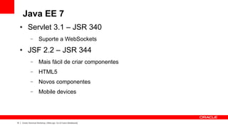 Java EE 7
     ●     Servlet 3.1 – JSR 340
              –       Suporte a WebSockets
     ●     JSF 2.2 – JSR 344
              –       Mais fácil de criar componentes
              –       HTML5
              –       Novos componentes
              –       Mobile devices




15   Oracle Technical Workshop | WebLogic 12c & Fusion Middleware
 