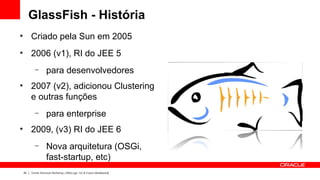GlassFish - História
●
         Criado pela Sun em 2005
●
         2006 (v1), RI do JEE 5
           –        para desenvolvedores
●
         2007 (v2), adicionou Clustering
         e outras funções
           –        para enterprise
●
         2009, (v3) RI do JEE 6
           –        Nova arquitetura (OSGi,
                    fast-startup, etc)
    20   Oracle Technical Workshop | WebLogic 12c & Fusion Middleware
 