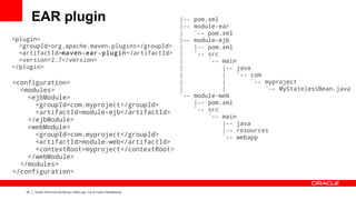 EAR plugin                                                     |--   pom.xml
                                                                        |--   module-ear
                                                                        |     `-- pom.xml
<plugin>                                                                |--   module-ejb
  <groupId>org.apache.maven.plugins</groupId>                           |     |-- pom.xml
  <artifactId>maven-ear-plugin </artifactId>                            |     `-- src
  <version>2.7</version>                                                |         `-- main
</plugin>                                                               |             |-- java
                                                                        |             |    `-- com
<configuration>                                                         |             |        `-- myproject
  <modules>                                                             |             |            `-- MyStatelessBean.java
    <ejbModule>                                                         `--   module-web
      <groupId>com.myproject</groupId>                                        |-- pom.xml
      <artifactId>module-ejb</artifactId>                                     `-- src
                                                                                  `-- main
    </ejbModule>
                                                                                      |-- java
    <webModule>                                                                       |-- resources
      <groupId>com.myproject</groupId>                                                `-- webapp
      <artifactId>module-web</artifactId>
      <contextRoot>myproject</contextRoot>
    </webModule>
  </modules>
</configuration>


    34   Oracle Technical Workshop | WebLogic 12c & Fusion Middleware
 