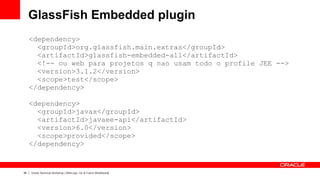 GlassFish Embedded plugin
     <dependency>
       <groupId>org.glassfish.main.extras</groupId>
       <artifactId>glassfish-embedded-all</artifactId>
       <!-- ou web para projetos q nao usam todo o profile JEE -->
       <version>3.1.2</version>
       <scope>test</scope>
     </dependency>

     <dependency>
       <groupId>javax</groupId>
       <artifactId>javaee-api</artifactId>
       <version>6.0</version>
       <scope>provided</scope>
     </dependency>


38   Oracle Technical Workshop | WebLogic 12c & Fusion Middleware
 