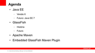 Agenda
    ●       Java EE
               –       Versão 6
               –       Futuro: Java EE 7
    ●       GlassFish
               –       História
               –       Futuro
    ●       Apache Maven
    ●       Embedded GlassFish Maven Plugin


4   Oracle Technical Workshop | WebLogic 12c & Fusion Middleware
 