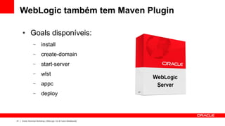 WebLogic também tem Maven Plugin

     ●        Goals disponíveis:
                 –        install
                 –        create-domain
                 –        start-server
                 –        wlst
                 –        appc
                 –        deploy



41   Oracle Technical Workshop | WebLogic 12c & Fusion Middleware
 