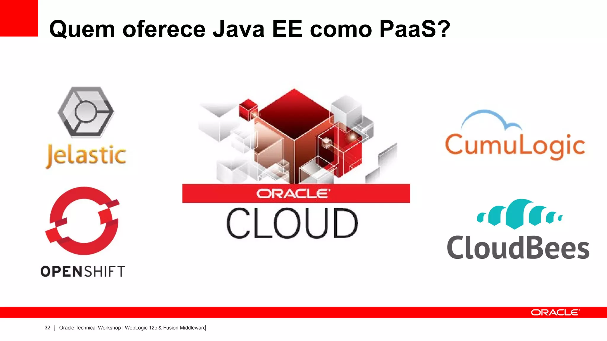 Quem oferece Java EE como PaaS?




32   Oracle Technical Workshop | WebLogic 12c & Fusion Middleware
 