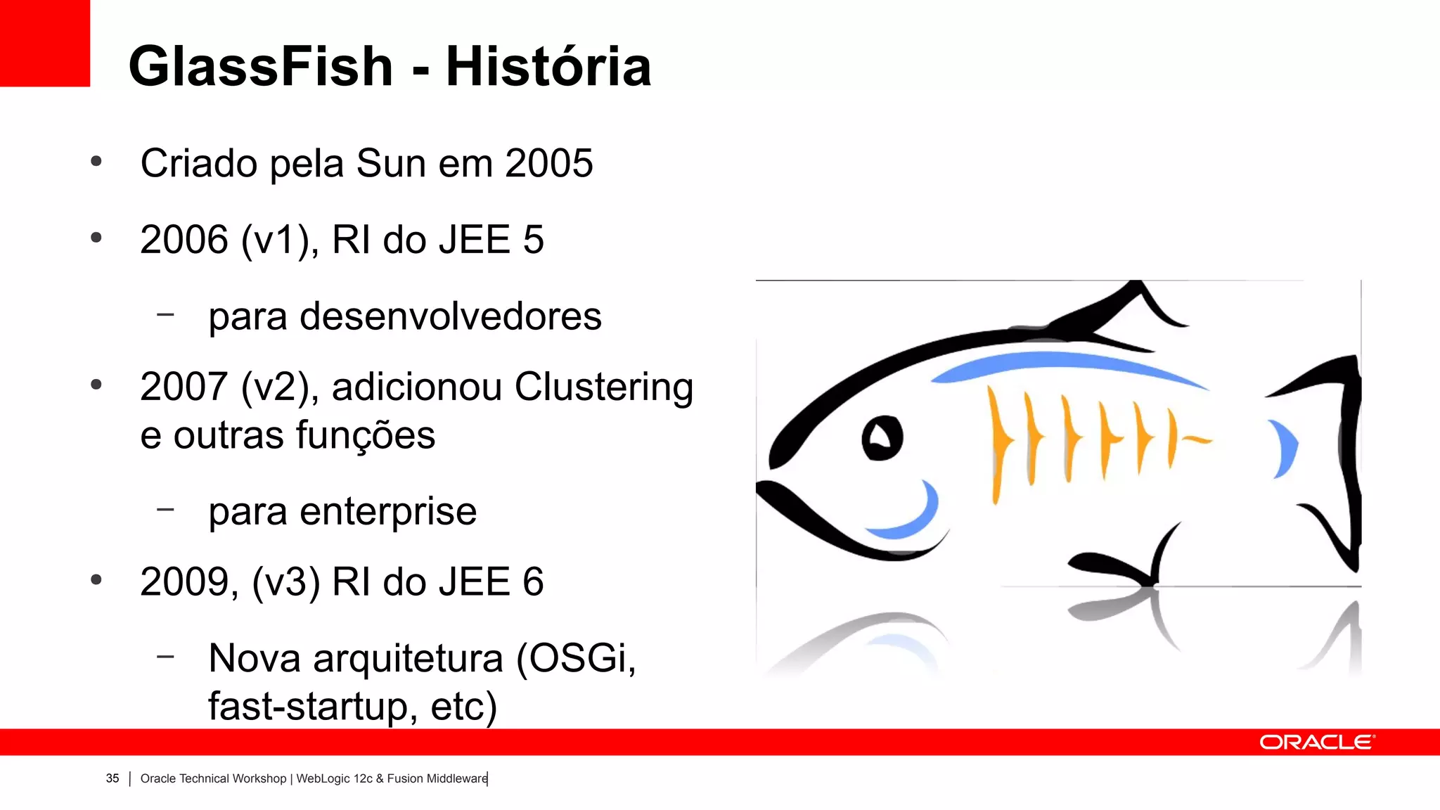 GlassFish - História
●
         Criado pela Sun em 2005
●
         2006 (v1), RI do JEE 5
           –        para desenvolvedores
●
         2007 (v2), adicionou Clustering
         e outras funções
           –        para enterprise
●
         2009, (v3) RI do JEE 6
           –        Nova arquitetura (OSGi,
                    fast-startup, etc)
    35   Oracle Technical Workshop | WebLogic 12c & Fusion Middleware
 