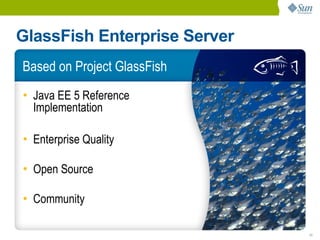 GlassFish Enterprise Server
Based on Project GlassFish
• Java EE 5 Reference
  Implementation

• Enterprise Quality

• Open Source

• Community

                              11
 
