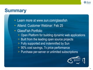 Summary
   • Learn more at www.sun.com/glassfish
   • Attend: Customer Webinar: Feb 25
   • GlassFish Portfolio
     >   Open Platform for building dynamic web applications
     >   Built from the leading open source projects
     >   Fully supported and indemnified by Sun
     >   90% cost savings, 7x price performance
     >   Purchase per-server or unlimited subscriptions



                                                               48
 