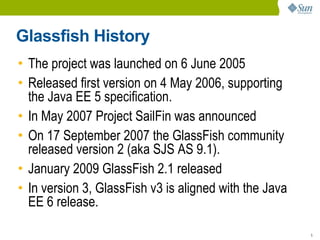 Glassfish History
• The project was launched on 6 June 2005
• Released first version on 4 May 2006, supporting
  the Java EE 5 specification.
• In May 2007 Project SailFin was announced
• On 17 September 2007 the GlassFish community
  released version 2 (aka SJS AS 9.1).
• January 2009 GlassFish 2.1 released
• In version 3, GlassFish v3 is aligned with the Java
  EE 6 release.

                                                        5
 