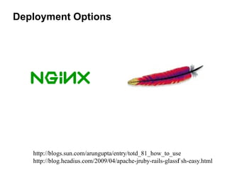 Deployment Options




   http://blogs.sun.com/arungupta/entry/totd_81_how_to_use
   http://blog.headius.com/2009/04/apache-jruby-rails-glassf sh-easy.html
                                                           i
 