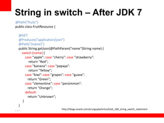 String in switch – After JDK 7
@Path("fruits")
public class FruitResource {

  @GET
  @Produces("application/json")
  @Path("{name}")
  public String getJson(@PathParam("name")String name) {
    switch (name) {
       case "apple": case "cherry": case "strawberry":
          return "Red";
       case "banana": case "papaya":
          return "Yellow";
       case "kiwi": case "grapes": case "guava":
         return "Green";
       case "clementine": case "persimmon":
         return "Orange";
       default:
         return "Unknown";
     }
  }
...                             http://blogs.oracle.com/arungupta/entry/totd_168_string_switch_statement
 