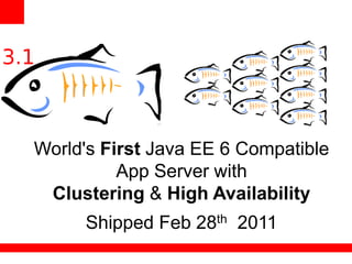 World's First Java EE 6 Compatible
          App Server with
 Clustering & High Availability
     Shipped Feb 28th 2011
 