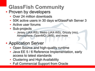 GlassFish Community
●   Proven by developers
    ●   Over 24 million downloads
    ●   50K active users in 30 days w/GlassFish Server 3
    ●   Active user forums
    ●   Sub-projects
        –   Jersey (JAX-RS), Metro (JAX-WS), Grizzly (nio),
            Atmosphere, OpenMQ (JMS), and more

●   Application Server
    ●   Open Source and high-quality runtime
    ●   Java EE 5 / 6 Reference Implementation, early
        access to latest standards
    ●   Clustering and High Availability
    ●   Full Commercial Support from Oracle
 