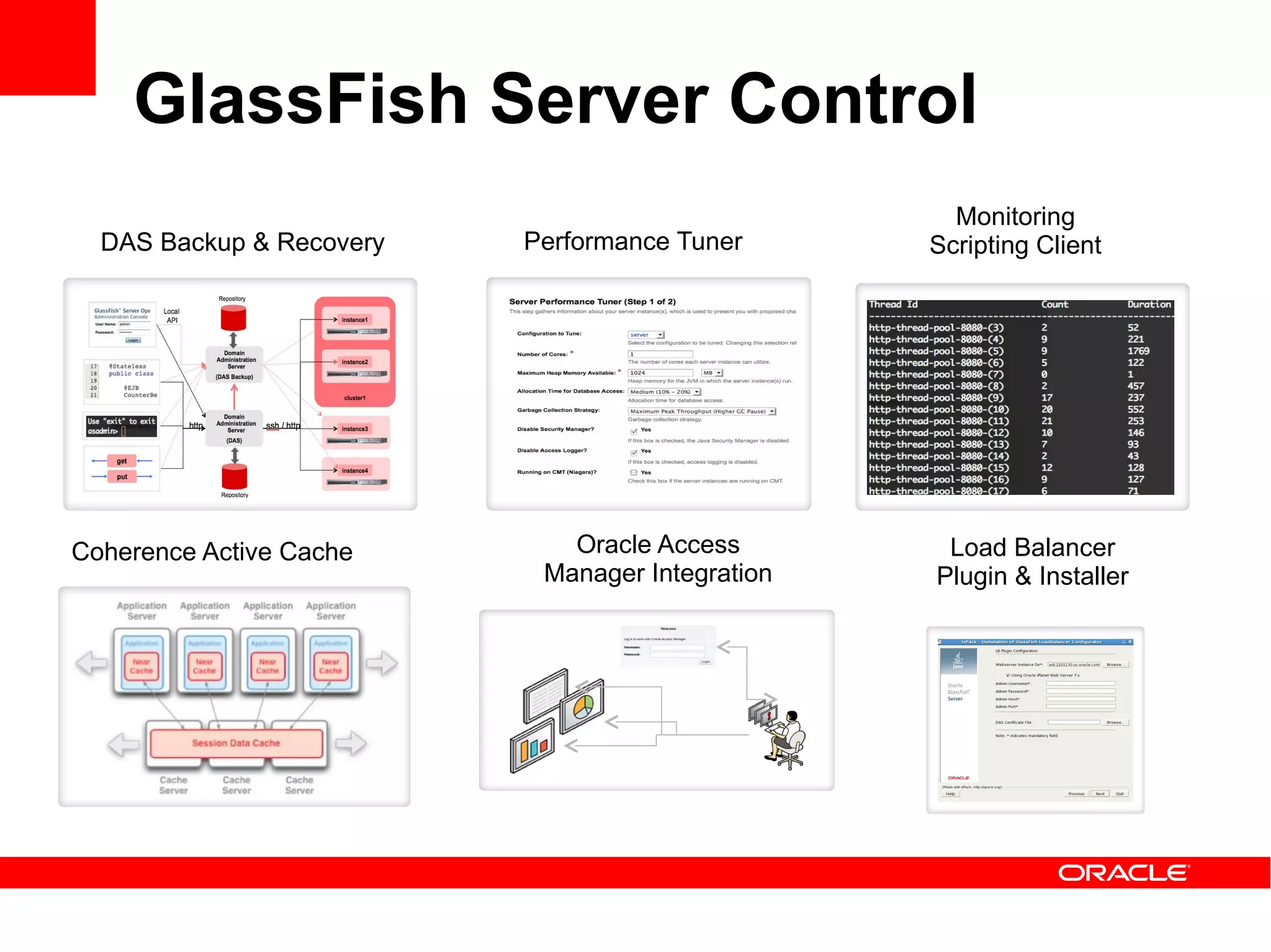 GlassFish Server Control
                                                   Monitoring
  DAS Backup & Recovery   Performance Tuner      Scripting Client




Coherence Active Cache       Oracle Access        Load Balancer
                           Manager Integration   Plugin & Installer
 