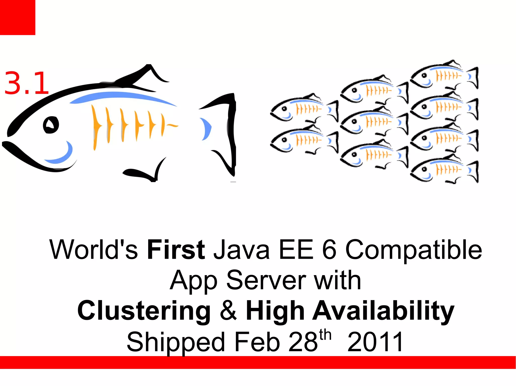 World's First Java EE 6 Compatible
          App Server with
 Clustering & High Availability
                      th
      Shipped Feb 28 2011
 