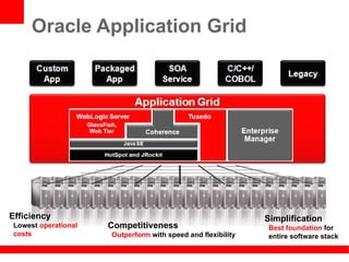 Oracle Application Grid




Efficiency                                                   Simplification
Lowest operational   Competitiveness                         Best foundation for
costs                Outperform with speed and flexibility   entire software stack
 