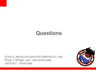 Questions



alexis.moussine-pouchkine@oracle.com
http://blogs.sun.com/alexismp
twitter: alexismp
 