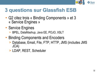 3 questions sur Glassfish ESB
• Q2 citez trois « Binding Components » et 3
  « Service Engines »
• Service Engines
  > BPEL, DataMashup, Java EE, POJO, XSLT
• Binding Components and Encoders
  > Database, Email, File, FTP, HTTP, JMS (includes JMS
    JCA)
  > LDAP, REST, Scheduler




                                                          32
 