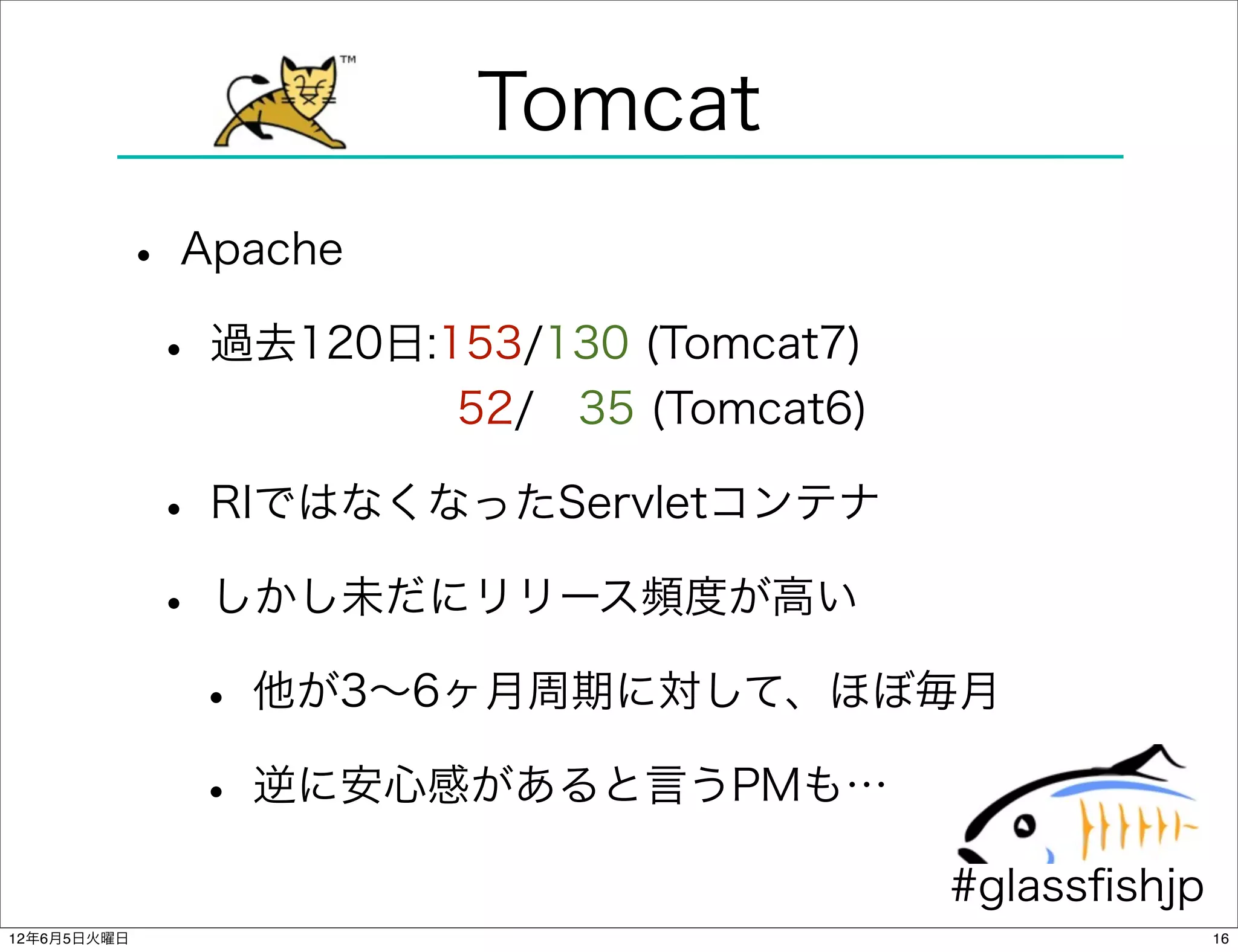 Tomcat
         • Apache
          • 過去120日:153/130 (Tomcat7)
                     52/ 35 (Tomcat6)

             • RIではなくなったServletコンテナ
             • しかし未だにリリース頻度が高い
              • 他が3∼6ヶ月周期に対して、ほぼ毎月
              • 逆に安心感があると言うPMも…
                                        #glassﬁshjp
12年6月5日火曜日                                            16
 