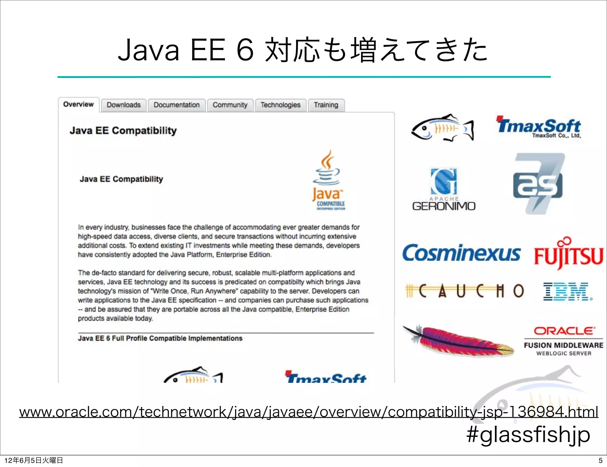 Java EE 6 対応も増えてきた




  www.oracle.com/technetwork/java/javaee/overview/compatibility-jsp-136984.html
                                                             #glassﬁshjp
12年6月5日火曜日                                                                        5
 