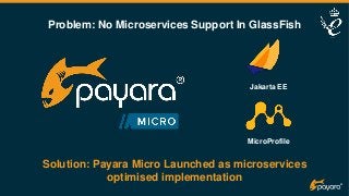 Problem: No Microservices Support In GlassFish
Solution: Payara Micro Launched as microservices
optimised implementation
MicroProfile
Jakarta EE
 