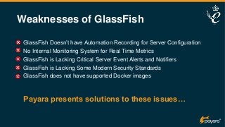 Weaknesses of GlassFish
GlassFish Doesn’t have Automation Recording for Server Configuration
No Internal Monitoring System for Real Time Metrics
GlassFish is Lacking Critical Server Event Alerts and Notifiers
GlassFish is Lacking Some Modern Security Standards
GlassFish does not have supported Docker images
Payara presents solutions to these issues…
 