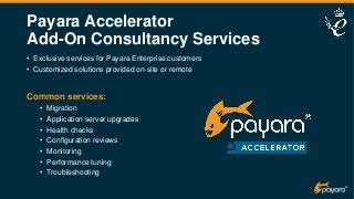 • Exclusive services for Payara Enterprise customers
• Customized solutions provided on-site or remote
Common services:
• Migration
• Application server upgrades
• Health checks
• Configuration reviews
• Monitoring
• Performance tuning
• Troubleshooting
Payara Accelerator
Add-On Consultancy Services
 