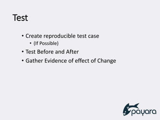 Test
• Create reproducible test case
• (If Possible)
• Test Before and After
• Gather Evidence of effect of Change
 