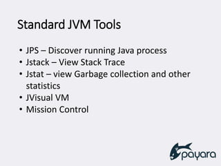 Standard JVM Tools
• JPS – Discover running Java process
• Jstack – View Stack Trace
• Jstat – view Garbage collection and other
statistics
• JVisual VM
• Mission Control
 