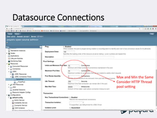 Datasource Connections
Max and Min the Same
Consider HTTP Thread
pool setting
 