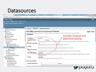 Datasources
Consider Timeouts and
Statement Caching
 