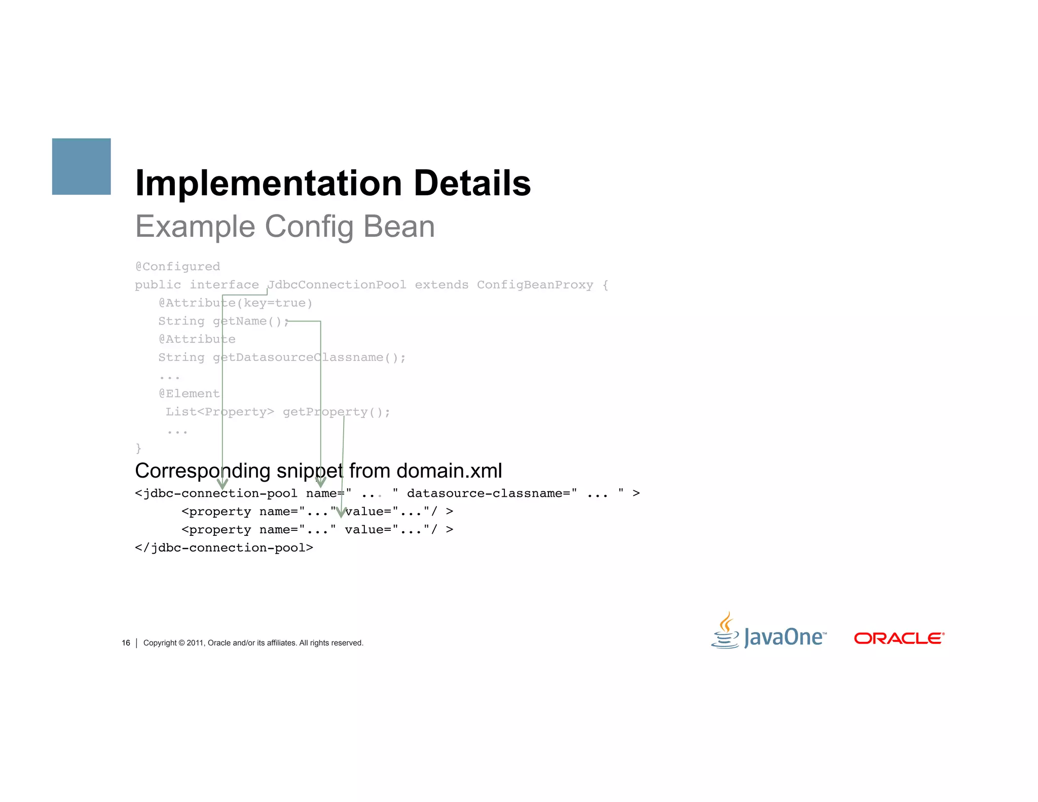 Implementation Details
     Example Config Bean
     @Configured"
     public interface JdbcConnectionPool extends ConfigBeanProxy {"
        @Attribute(key=true) "
        String getName(); "
        @Attribute "
        String getDatasourceClassname();"
        ..."
        @Element "
         List<Property> getProperty();"
         ..."
     }"

     Corresponding snippet from domain.xml
     <jdbc-connection-pool name=" ... " datasource-classname=" ... " >"
           <property name="..." value="..."/ >   "
           <property name="..." value="..."/ >   "
     </jdbc-connection-pool>"




16    Copyright © 2011, Oracle and/or its affiliates. All rights reserved.
 