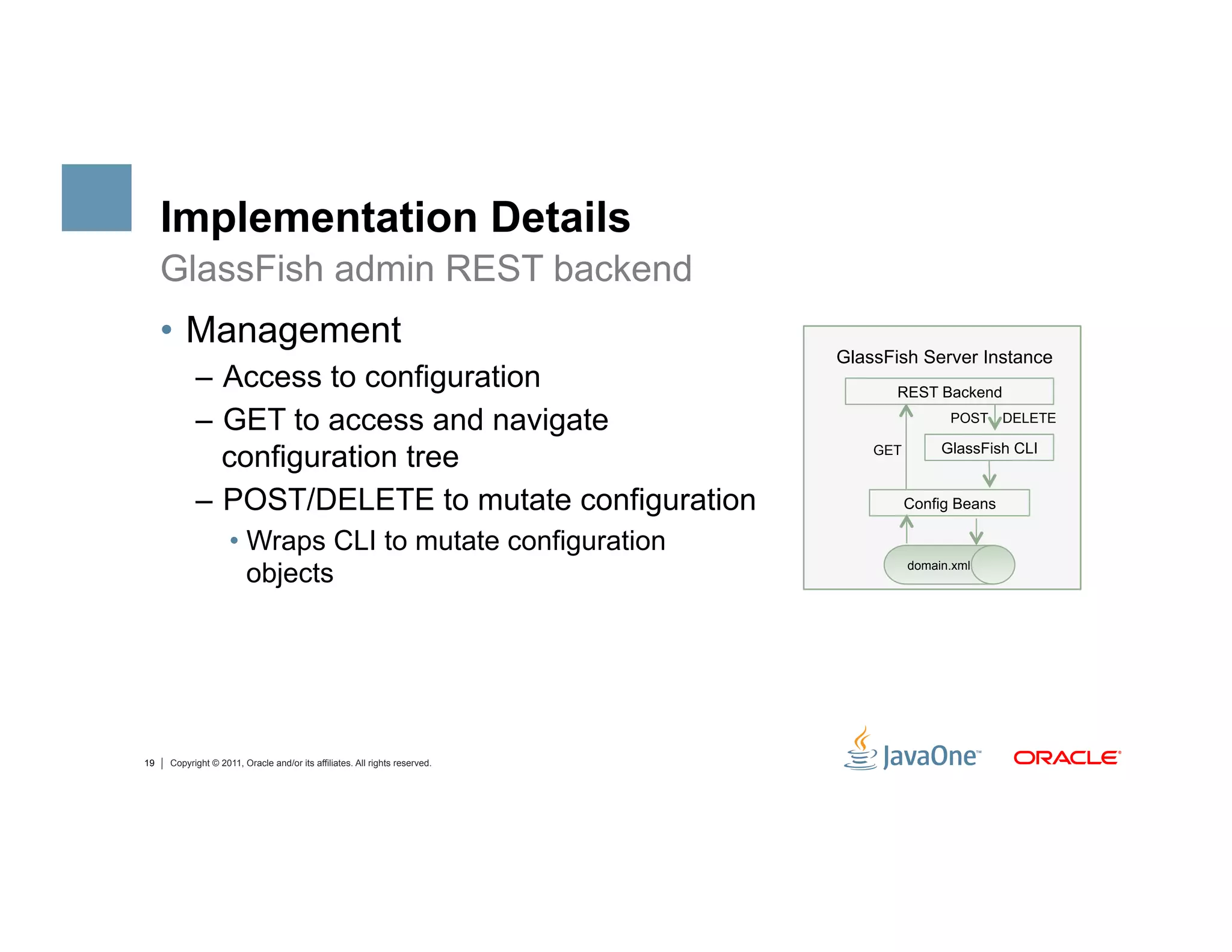 Implementation Details
     GlassFish admin REST backend
     •  Management
                                                                            GlassFish Server Instance
           –  Access to configuration                                              REST Backend

           –  GET to access and navigate                                                    POST     DELETE


              configuration tree                                                GET        GlassFish CLI


           –  POST/DELETE to mutate configuration                                     Config Beans

                    •  Wraps CLI to mutate configuration
                       objects                                                        domain.xml




19   Copyright © 2011, Oracle and/or its affiliates. All rights reserved.
 