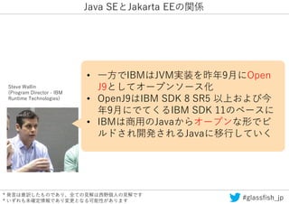 * 発言は意訳したものであり、全ての見解は西野個人の見解です
* いずれも未確定情報であり変更となる可能性があります #glassfish_jp
Java SEとJakarta EEの関係
• 一方でIBMはJVM実装を昨年9月にOpen
J9...